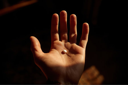 A close-up shows a person's open palm, illuminated by sunlight, displaying a single, small, white pill at the center. The background is a dark, undefined space.の素材