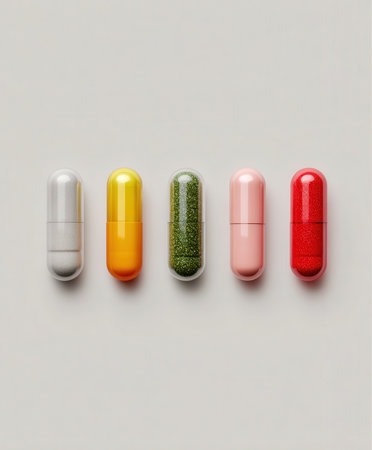 Five colorful capsules are arranged in a horizontal row on a white background. They are varying shades of gray, yellow, green, pink, and red, suggesting a variety of health supplements.の素材