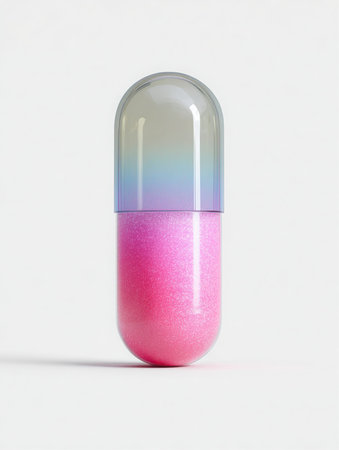 A capsule-shaped container is displayed. The container's top section is iridescent, fading into purple. The bottom is a shiny, glittery pink. It stands alone against a stark white backdrop.の素材