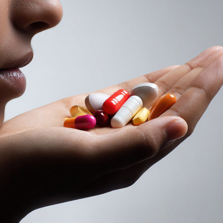 A person is about to take multiple pills and capsules. The medications are various colors, including red, white, yellow, and orange, held in the palm of a hand.の素材