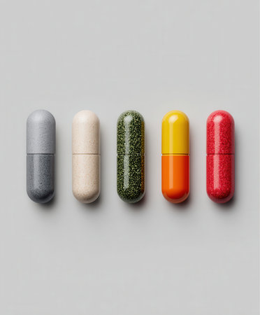 Five capsule shaped medicines are aligned in a row. They are gray, beige, green, orange-yellow and red. The capsules are resting on a light gray background.の素材
