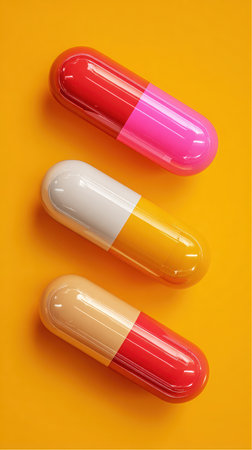 Three capsules with different colors are arranged vertically on a yellow surface. The capsules are pink-red, white-yellow, and tan-red.の素材