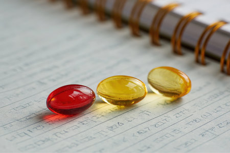 Three gel capsules, one red and two yellow, are arranged on a lined notebook. The notebook also has some notes scribbled across the page. A spiral binding is visible at the top.の素材