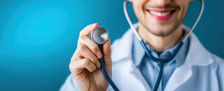 A friendly male doctor in a white coat holds a stethoscope up for examination. The doctor is smiling in what appears to be a Doctor's Office or Hospital.の素材