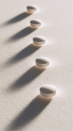 A few white pills are lined up diagonally on a slightly textured white surface. The lighting causes long shadows to stretch out behind each pill. Good for illustrating medical or health concepts.の素材