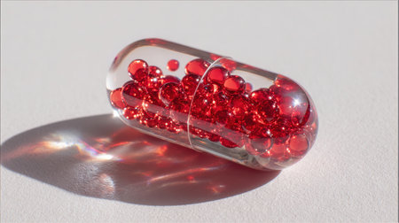 On a bright surface, a transparent capsule rests, filled with numerous small, reflective, red spheres. The capsule casts a vibrant, color-fringed shadow on the surface beside it.の素材