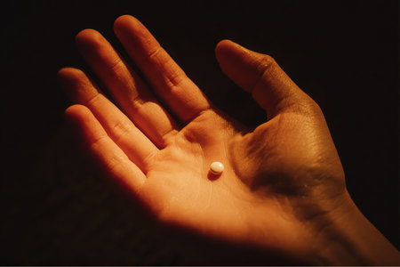 An outstretched open hand presents a single small white pill in the palm. The hand is lit with warm, dramatic lighting against a stark, dark background.の素材