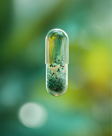 A clear capsule stands upright, filled with small green and black particles. The background is out of focus, showing shades of green and yellow, representing nature.の素材
