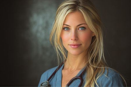 Blonde woman with blue eyes is wearing a blue scrub suit with a stethoscope around her neck. The individual is looking directly at the viewer. Background is a dark gray color.の素材
