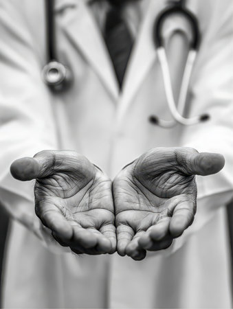 A Doctor wearing a white coat and a stethoscope is holding out his hands in a cupped position. The background is blurred. The setting seems to be a hospital or clinic.の素材