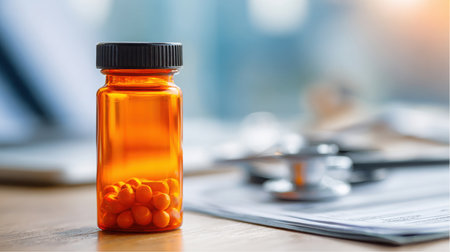 An orange pill bottle with pills stands on a wooden desk. A stethoscope rests on a stack of paperwork next to the bottle. A laptop is in the background.の素材