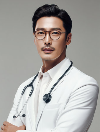 A serious-looking Doctor is staring directly at the viewer. He is wearing glasses, a white coat, and has a stethoscope around his neck. The background is light grey.の素材