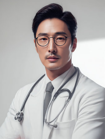 A handsome, dark-haired male doctor with glasses and a mustache is seen from the chest up. He wears a white coat, tie, and has a stethoscope around his neck in the studio.の素材