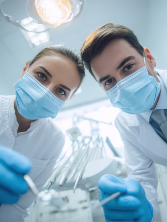 A male and female dental professionals wearing masks and gloves are holding tools above the patient. It looks as though they are performing an examination in a sterile office.の素材