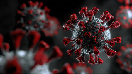Multiple, enlarged Coronavirus cells are displayed against a dark background. The cells are grayish with prominent red spikes extending from their surfaces. The spikes are a key characteristic.の素材