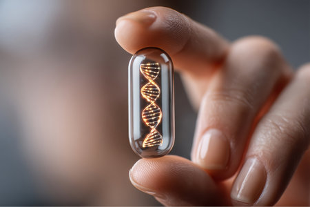 A person's hand holds a translucent capsule. Inside the capsule is a bright, glowing structure of a dna double helix. The image is well lit and focuses sharply on the capsule.の素材
