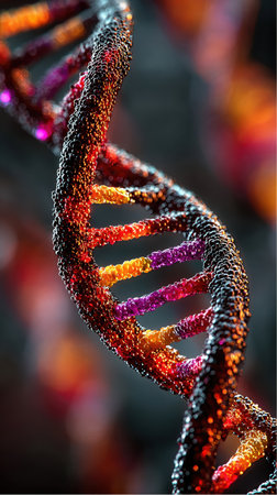 The double helix, with its ladder-like arrangement of nucleotide base pairs, is vividly displayed. The molecular structure highlights the complexity of genetic information.の素材