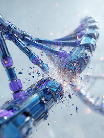 A futuristic, metallic Dna molecule shows a point of fragmentation, with particles breaking away from the main structure, suggesting either mutation or scientific innovation.の素材