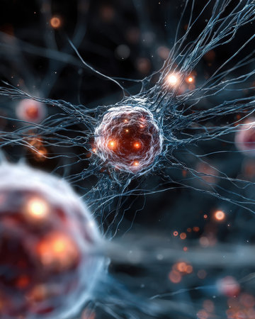 This depicts a close-up view of a nerve cell network. It shows detailed connections and red nodes representing active biological processes within the neural structure.の素材