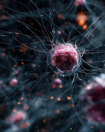 Digital rendering of a nerve cell network shows connected neurons firing impulses. Dendrites and axons transmit signals within the nervous system. Synapses connect the cells.の素材