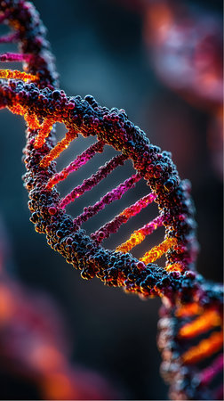 Detailed abstract illustration of a dna double helix structure. The molecule is represented by a twisted ladder with dark, textured edges and colored strands.の素材