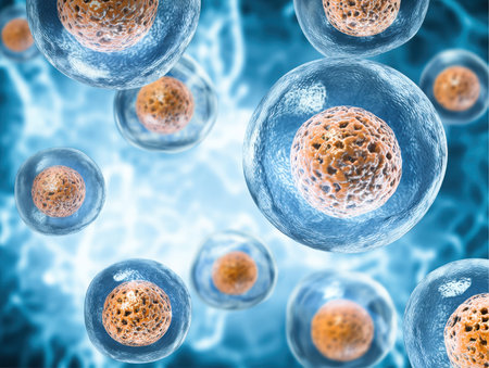 A cluster of round cells, each containing an orange nucleus, are suspended in a blue fluid. This digital rendering shows a magnified view of organic material.の素材