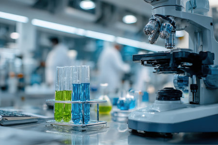 Close-up shows test tubes with blue and green liquids, and a microscope is on a counter. Scientists in lab coats perform research in the bright background of the laboratory.の素材