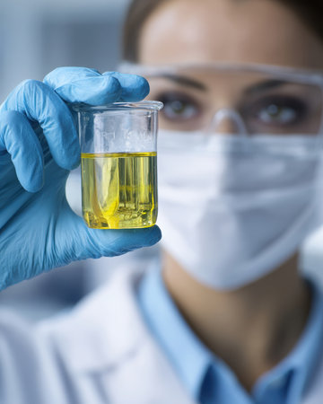 Female scientist wearing safety goggles and face mask examines a beaker filled with yellow liquid in the laboratory during a scientific experiment or research.の素材