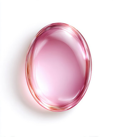 Oval shape, transparent, pinkish liquid with glossy reflections rests against a stark white background, creating a soft shadow. A simple but elegant composition.の素材