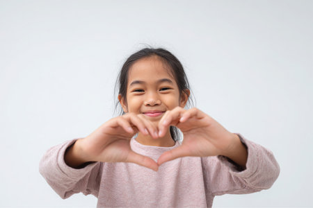 Young Asian girl with dark hair smiles as she makes a heart shape with both of her hands, showing love and affection on a plain white background in a studio setting.の素材