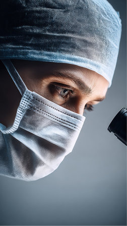 A Doctor in a surgical cap and face mask looks intently through a microscope in a laboratory. They are likely conducting research or analyzing a sample.の素材