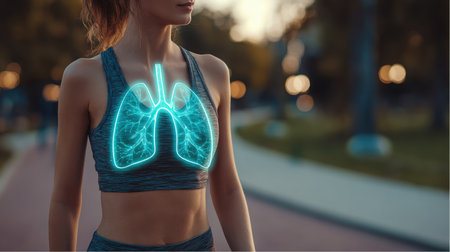 A slim woman in athletic wear is jogging in a park at dusk. Animated bright blue lungs are overlaid on her chest, suggesting healthy breathing during exercise.の素材