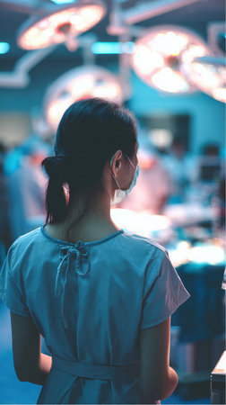 In a hospital operating room, a team is performing surgery under bright lights. A female doctor wearing a mask stands apart, observing the ongoing procedure.の素材