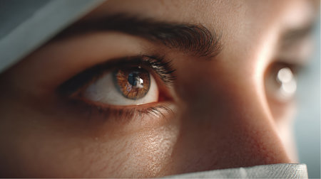 A very close perspective on a Surgeon's face while looking upward. Hazel eyes, brown eyebrows, long eyelashes, and a surgical mask on the bottom of the face can be appreciated.の素材