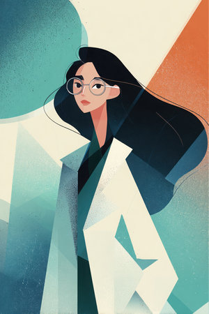 An illustration features a young woman with long dark hair and round glasses. She wears a white lab coat over dark clothing.の素材