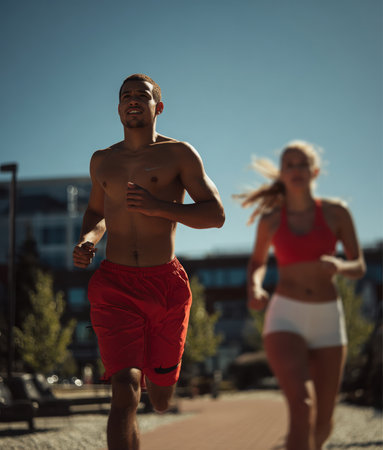 A muscular, shirtless young man in red shorts runs on a path outdoors. A woman in sportswear runs behind him. They are exercising together in a park on a sunny day.の素材