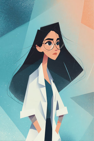 A woman, in a cartoon style, is depicted wearing round glasses and a lab coat, hands in her pockets. She has long, dark hair. The background features a geometric pattern.の素材