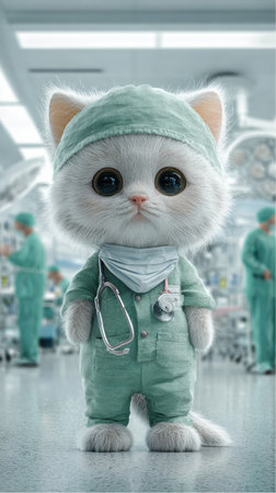 A white kitten with big eyes is dressed as a doctor wearing green scrubs, a cap, and a stethoscope. It stands in what appears to be an operating room setting.の素材