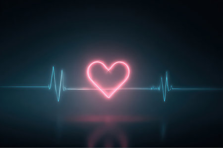 A pink neon heart floats between two blue heartbeat rhythms. The heart beat line goes from left to right. Reflections are on the bottom part of the dark background.の素材