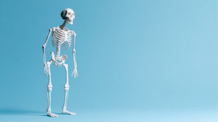 An anatomical model of a human skeleton stands with its arms hanging down on a solid light blue background. The model is used for anatomical studies or science demonstration.の素材