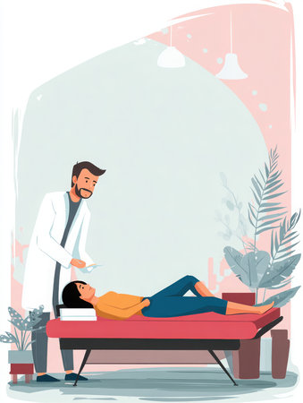 In a brightly lit office, a man, presumably a doctor, stands in a white coat speaking to a woman who is lying on a red couch. The room has indoor plants and a relaxed atmosphere.の素材