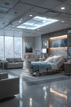 The well-lit, upscale hospital room includes an adjustable patient bed, medical equipment, and a comfortable seating area. The window looks out on a snowy winter landscape.の素材