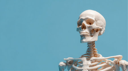 A white anatomical model of a human skeleton featuring the skull, spine, and shoulders is positioned against a plain, light blue backdrop. Part of the skeletal system shows.の素材