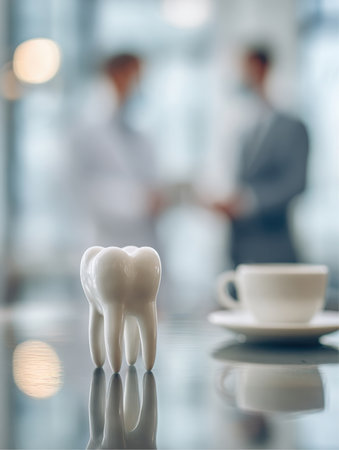 A white dental molar model sits on a glass table with a coffee cup next to it. In the background, two men in business attire are shaking hands at a business meeting.の素材