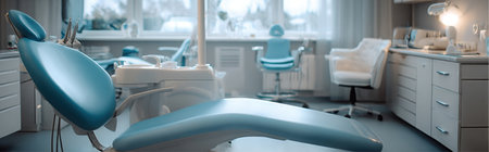 A dental clinic is prepared for patient care. A light blue examination chair dominates the foreground, with various dental instruments nearby. The setting is clean, bright, and professional.の素材