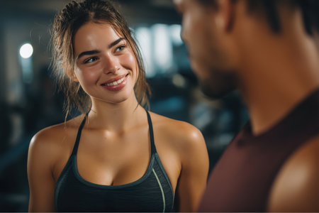 A brunette woman in fitness clothing smiles and looks at a man in a fitness tank top. They are at the gym and potentially flirting after working out.の素材