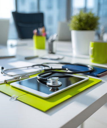 Daytime view of medical workplace. A stethoscope rests on a tablet on top of a green folder. A pen, plant, and mug are on the white surface in a medical office environment.の素材