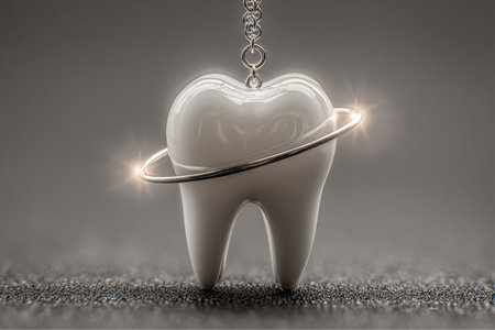 A glossy white tooth pendant is displayed with a silver ring encircling it. The pendant hangs from a silver chain. There are light flares on the ring. It is shown on a dark textured surface.の素材