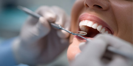 A dentist wearing gloves is examining a patient's teeth in a dental clinic. The dentist uses a mirror to check the patient's oral hygiene and look for any potential issues.の素材