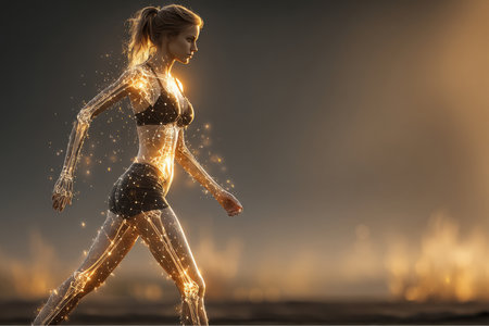 A woman walks towards the right in athletic wear; black bra and shorts. An overlay of a skeleton and connected network are shown in glowing light. The background suggests sunset or sunrise.の素材